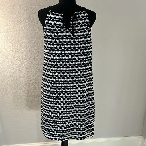 Black White Crochet Lined Summer Lightweight Knee Casual Dress Halter Top Medium - Picture 3 of 8